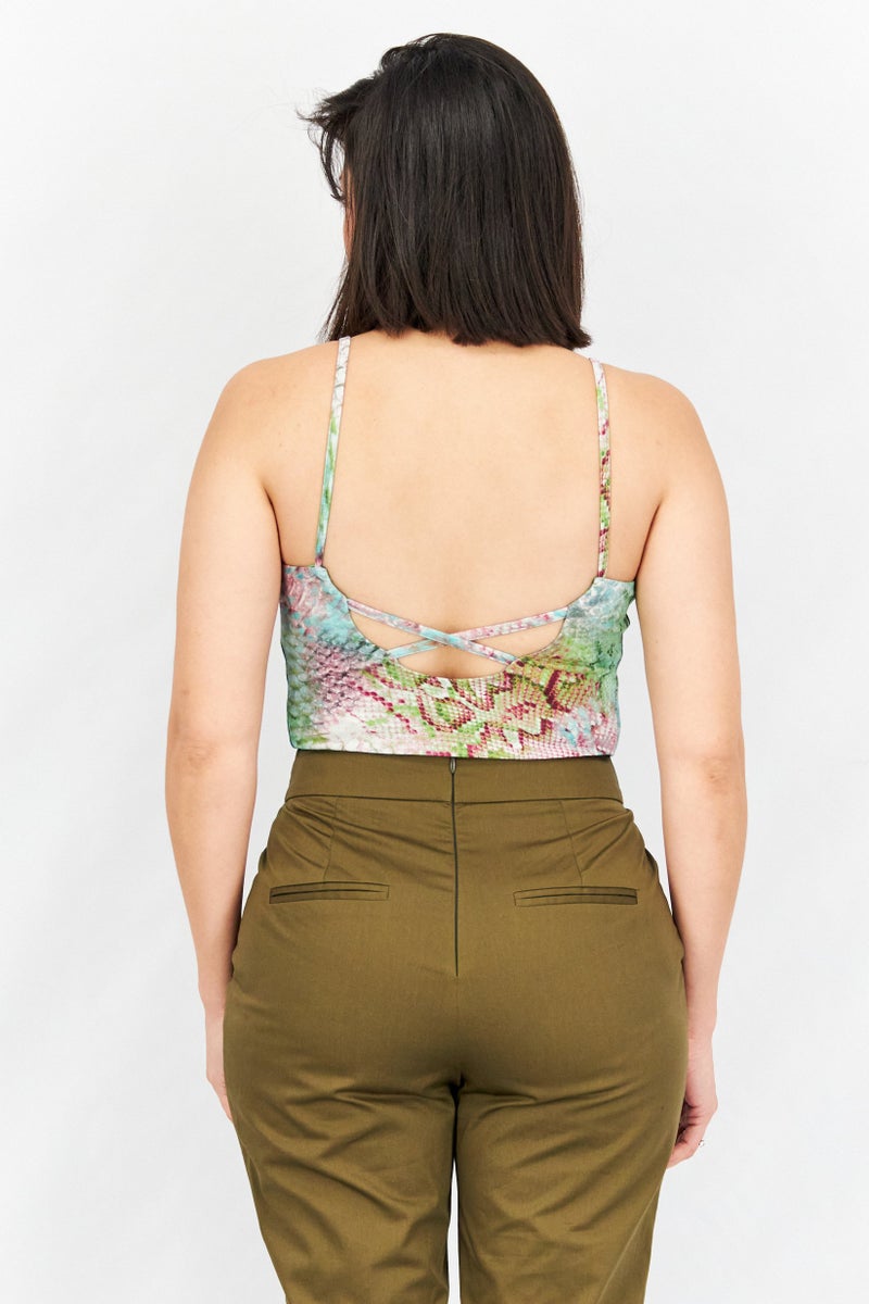 BB Dakota Women V Neck Sleeveless Allover Printed Crop Top, Green Combo - Image 2